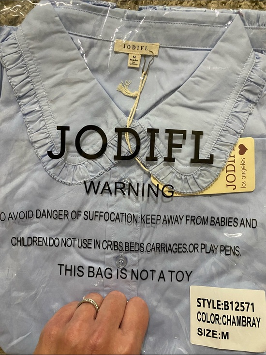 JODIFL Tops - JODIFL Ruffled Peter Pan Collar Full button down! Color:Chambray/ Light Blue